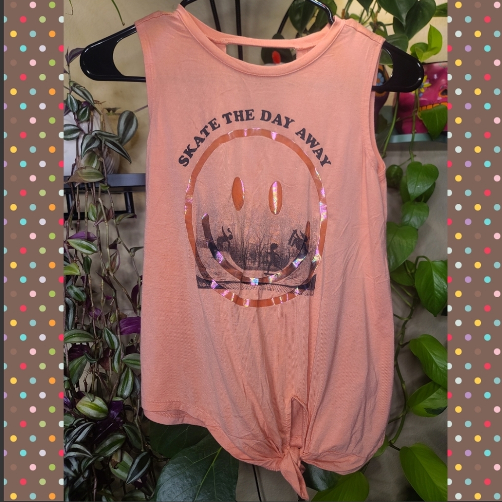 Old Navy girls skater tank "skate the day away" smiley face tie up open back